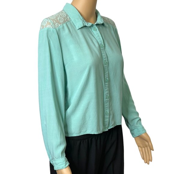 VTG Charlotte Russe Womens M Turquoise‎ Lace Long Sleeve Button Up Shirt Blouse - Picture 3 of 10
